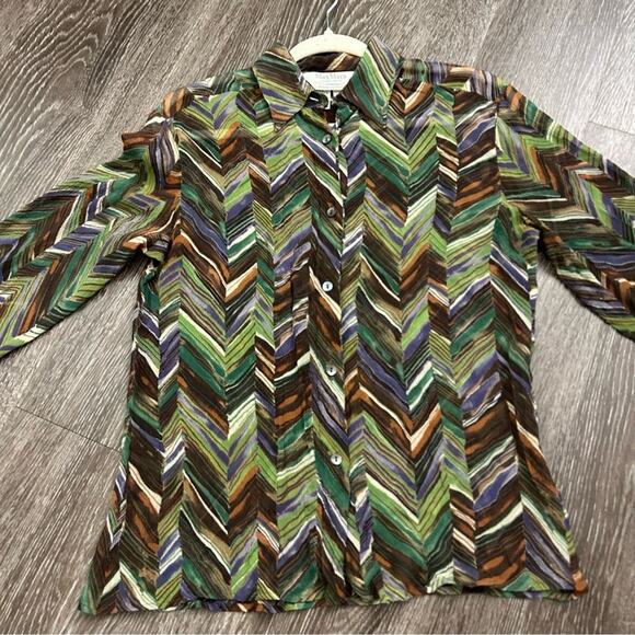 EUC Max Mara 100% Silk Sheer Button-Up Blouse Chevron Green Brown Purple Size 8 - Picture 1 of 9
